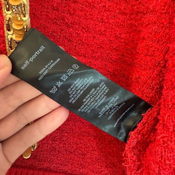 NWOT SELF-PORTRAIT BEAD-EMBELLISHED WAFFLE-KNIT V NECK TWEED CARDIGAN - RED - Picture 13 of 14